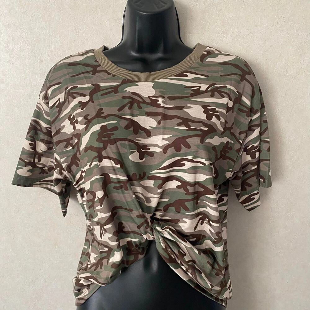 Dance & Marvel Green Camouflage Front Twist Crop Top Shirt for Women MEDIUM